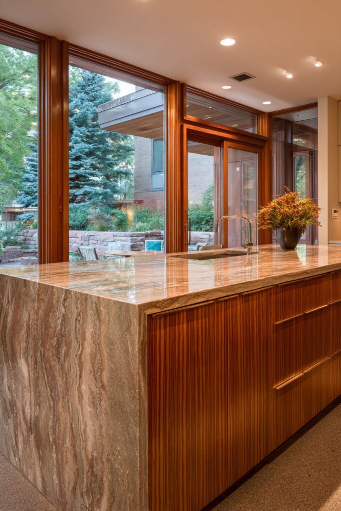 Walnut Elegance with Waterfall Island