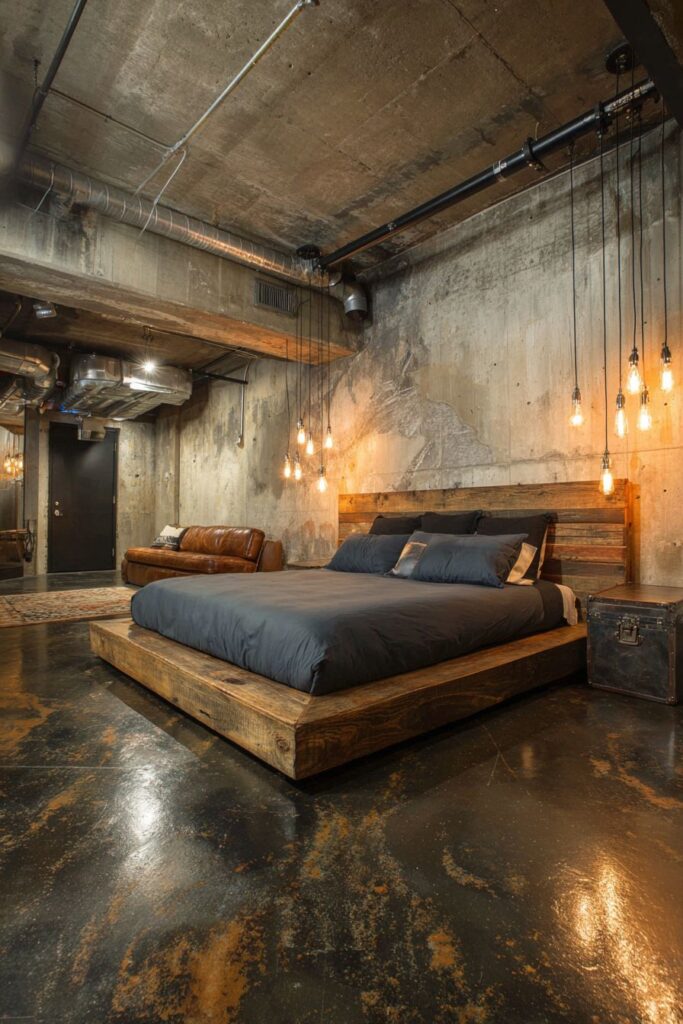 Industrial-Style Basement Bedroom