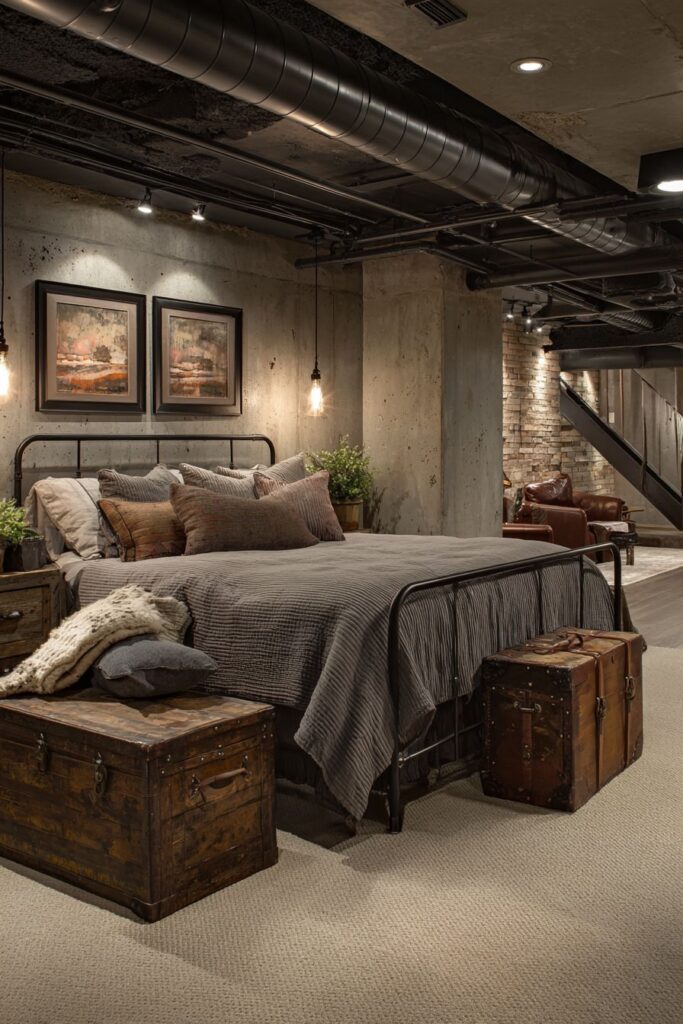 Industrial-Style Basement Bedroom