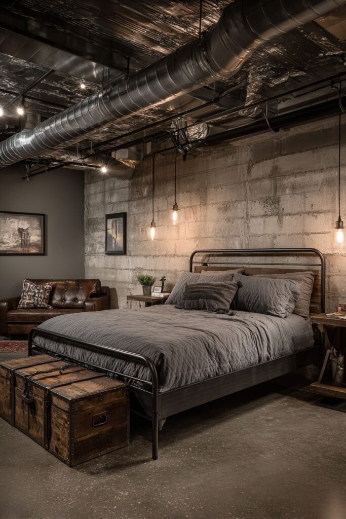 Industrial-Style Basement Bedroom