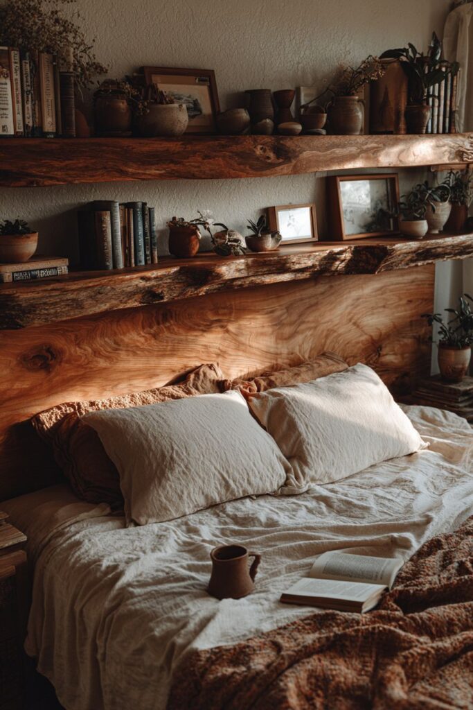 Integrated Shelving Headboard with Natural Edge Details