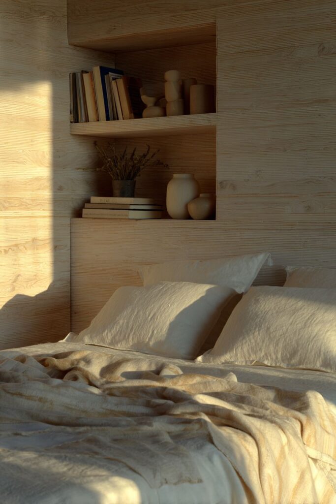 Integrated Shelving Headboard with Natural Edge Details