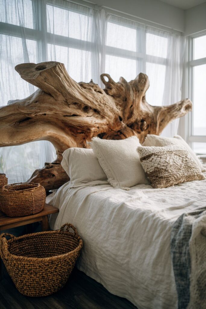 Sculptural Driftwood Bed Frame with Coastal Bohemian Charm