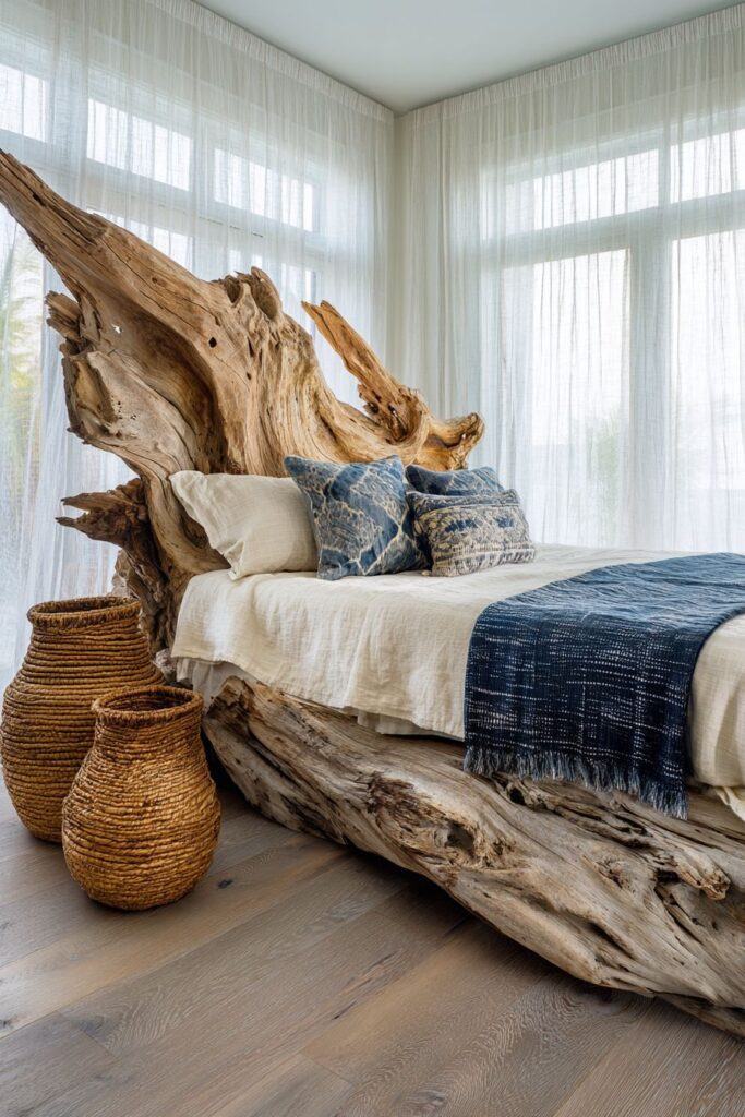 Sculptural Driftwood Bed Frame with Coastal Bohemian Charm