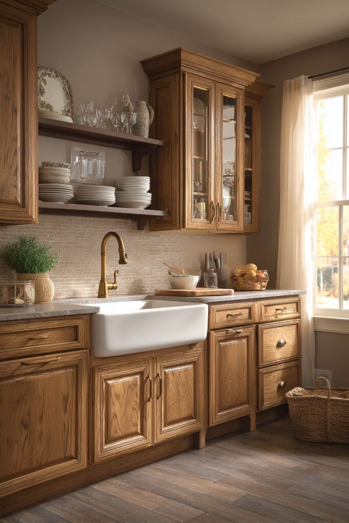 Traditional Farmhouse Sink Oak Cabinetry