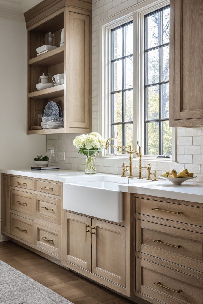 Traditional Farmhouse Sink Oak Cabinetry