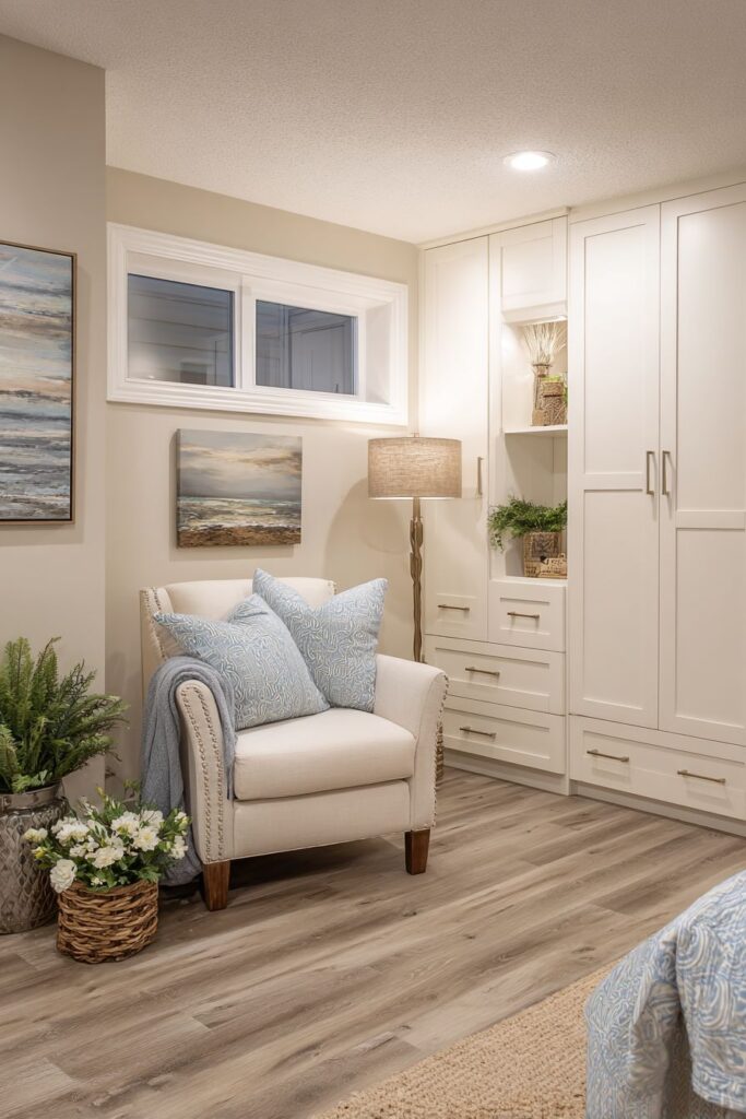 Modern Built-In Storage Basement Bedroom