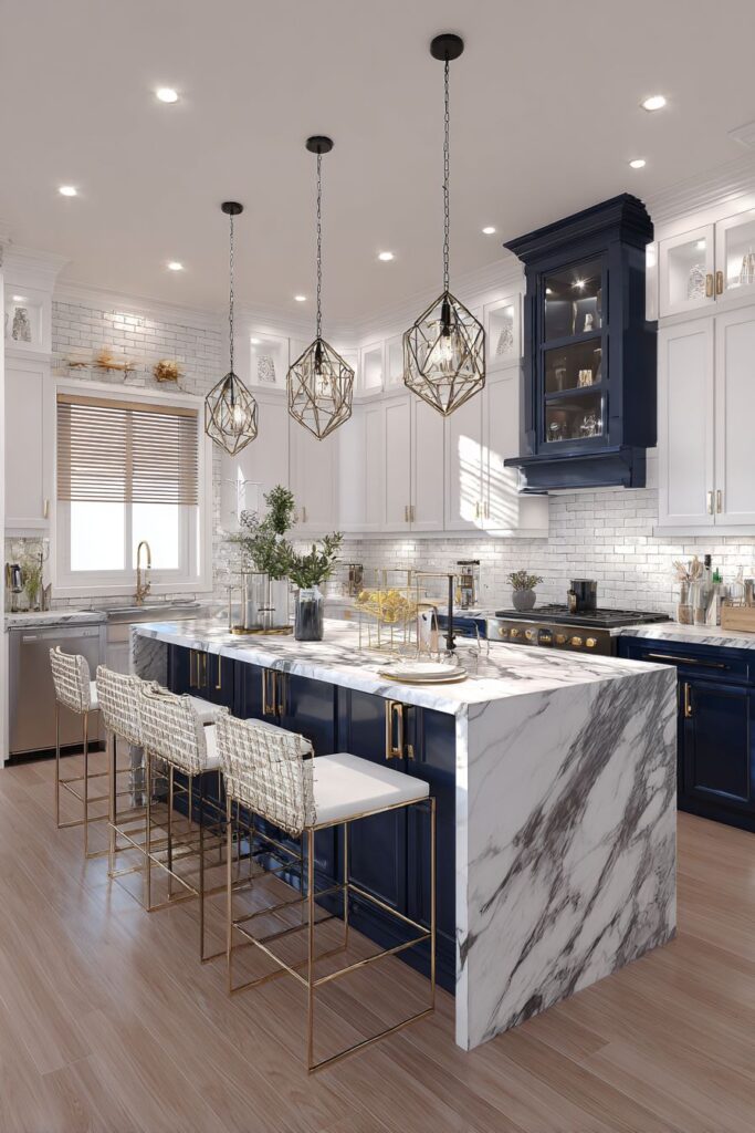Sophisticated Navy and Gold Island Kitchen