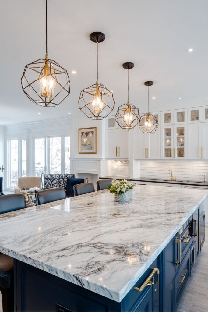 Sophisticated Navy and Gold Island Kitchen