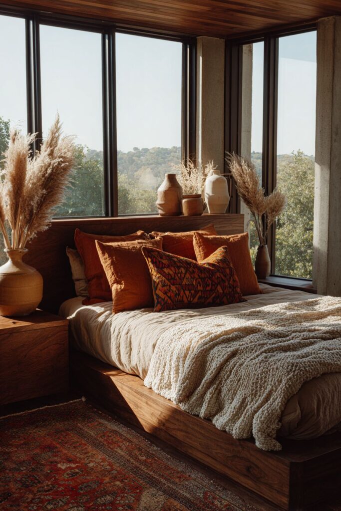 Floating Nightstands and Layered Textile Luxury