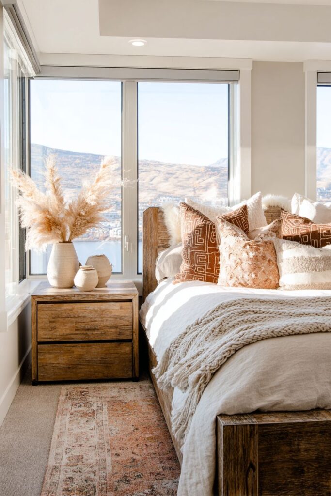 Floating Nightstands and Layered Textile Luxury