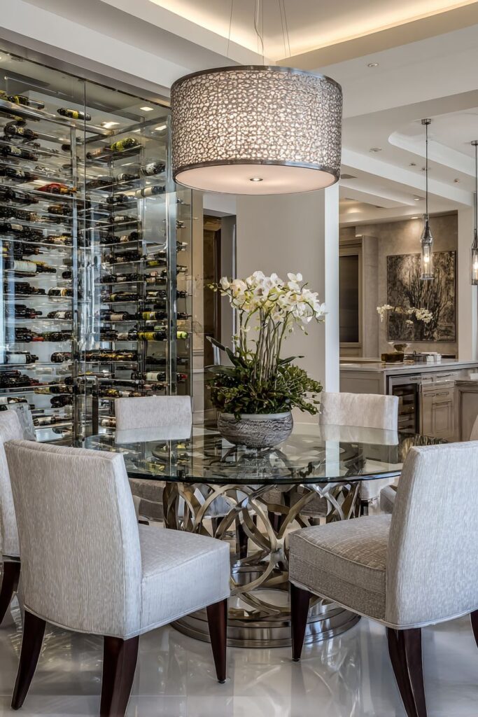 Contemporary Glass and Gold with Wine Storage Features