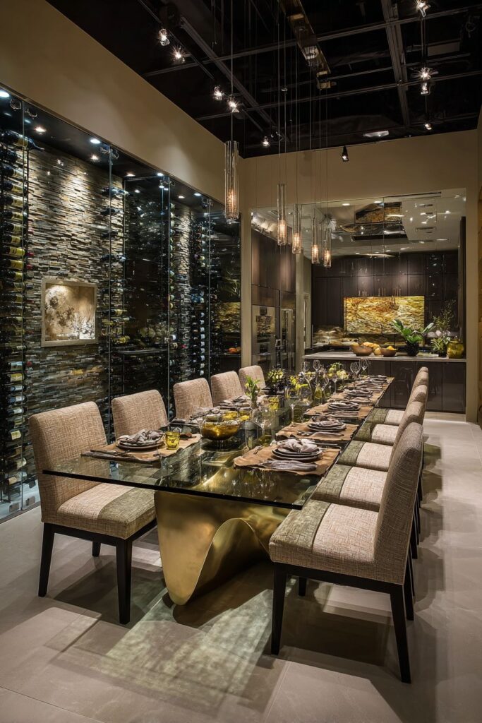 Contemporary Glass and Gold with Wine Storage Features