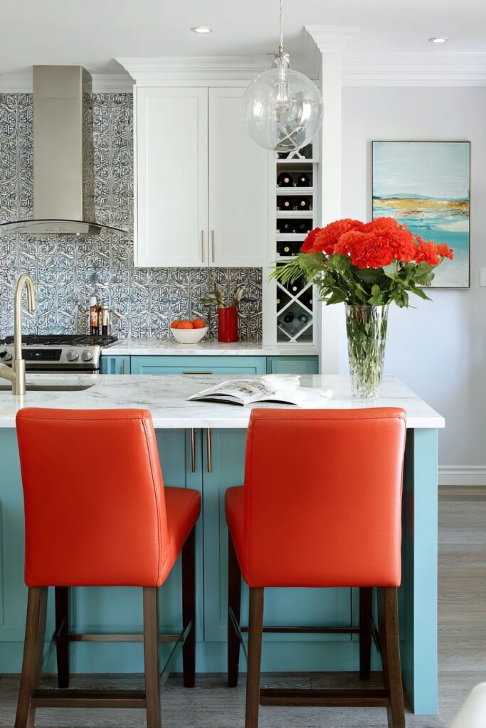 Vibrant Turquoise and Coral Kitchen