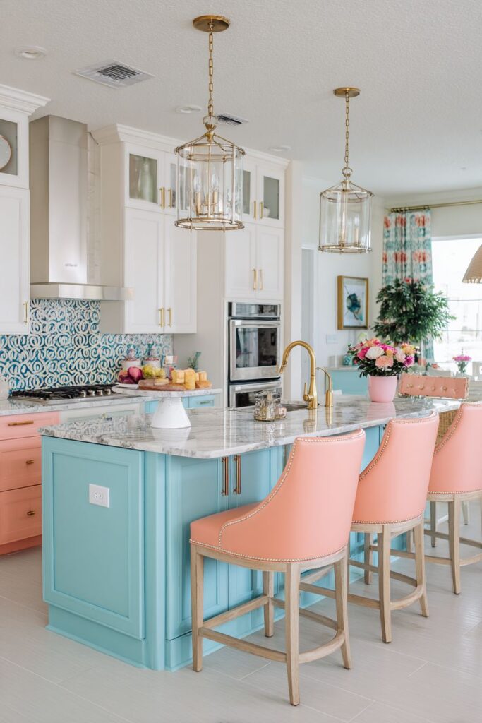 Vibrant Turquoise and Coral Kitchen