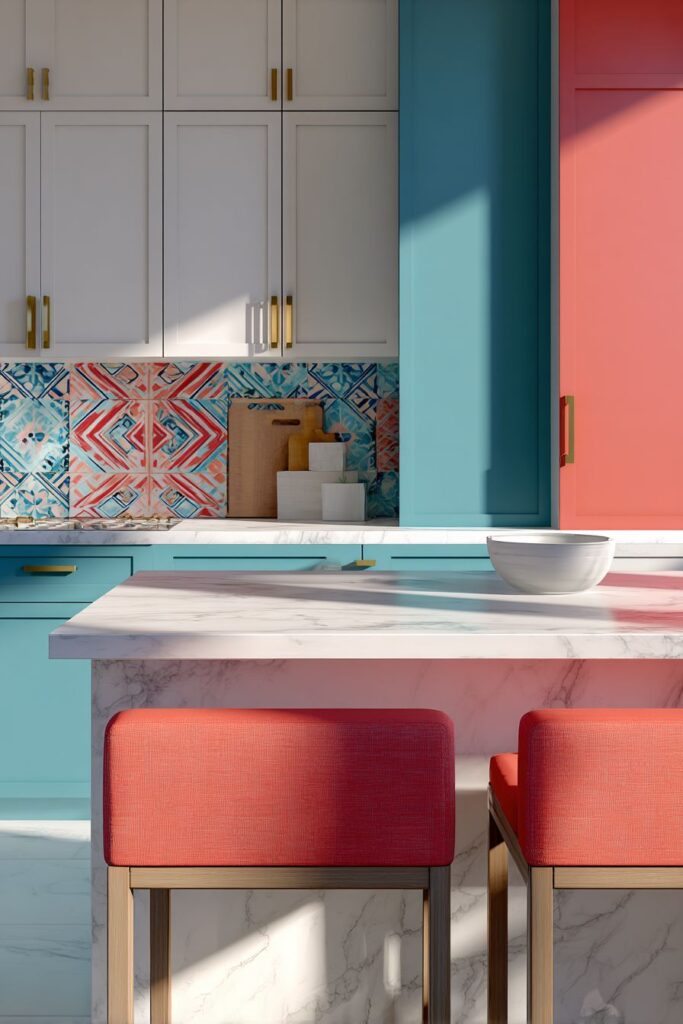 Vibrant Turquoise and Coral Kitchen