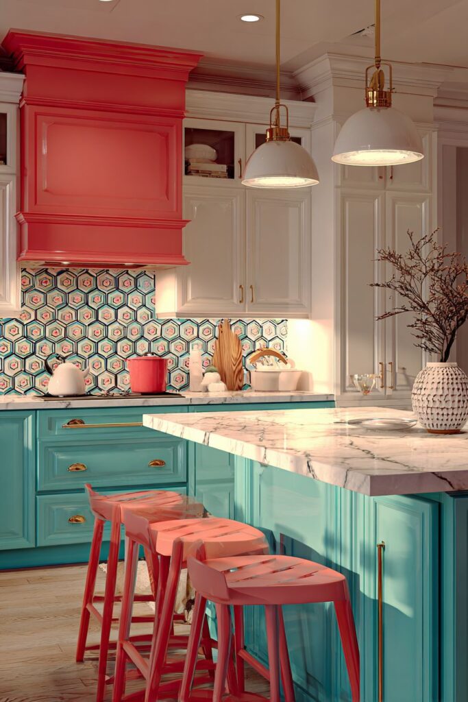 Vibrant Turquoise and Coral Kitchen