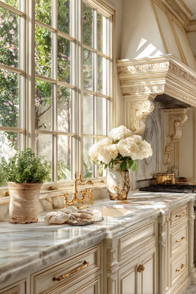Traditional Cream Cabinetry with Crown Molding Details