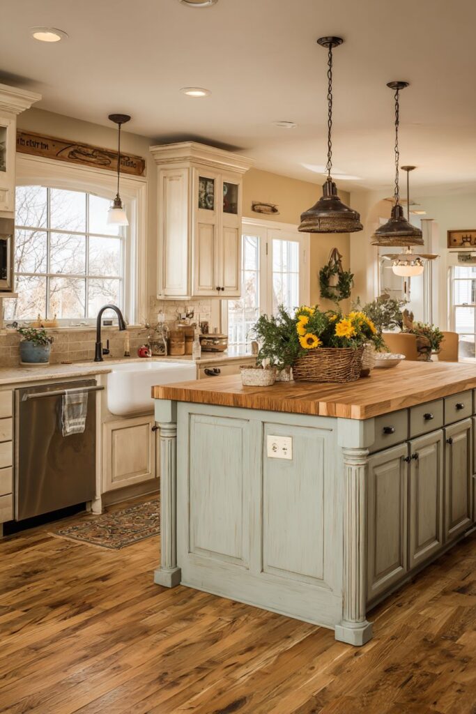 Cottage-Style Painted Oak Kitchen Cabinets