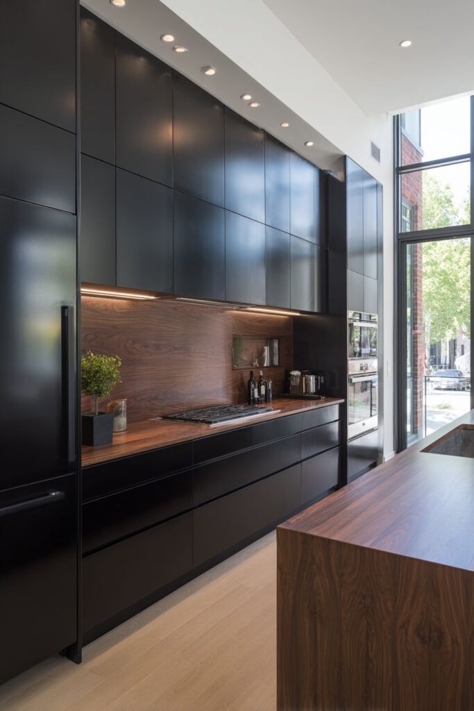 Modern Black and Wood Kitchen with Sleek Matte Finishes