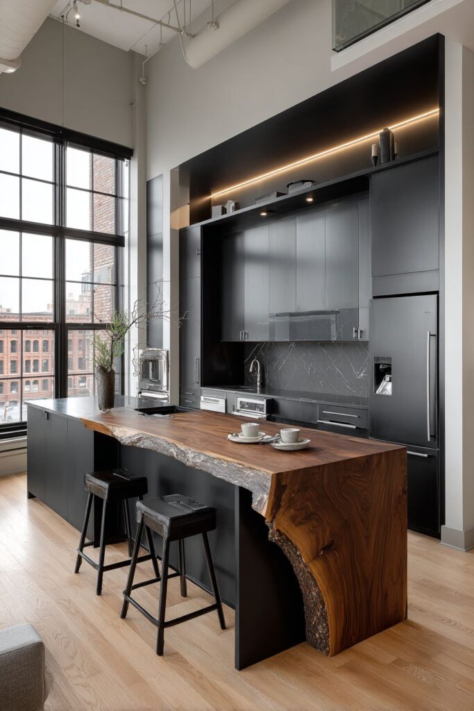 Modern Black and Wood Kitchen with Sleek Matte Finishes