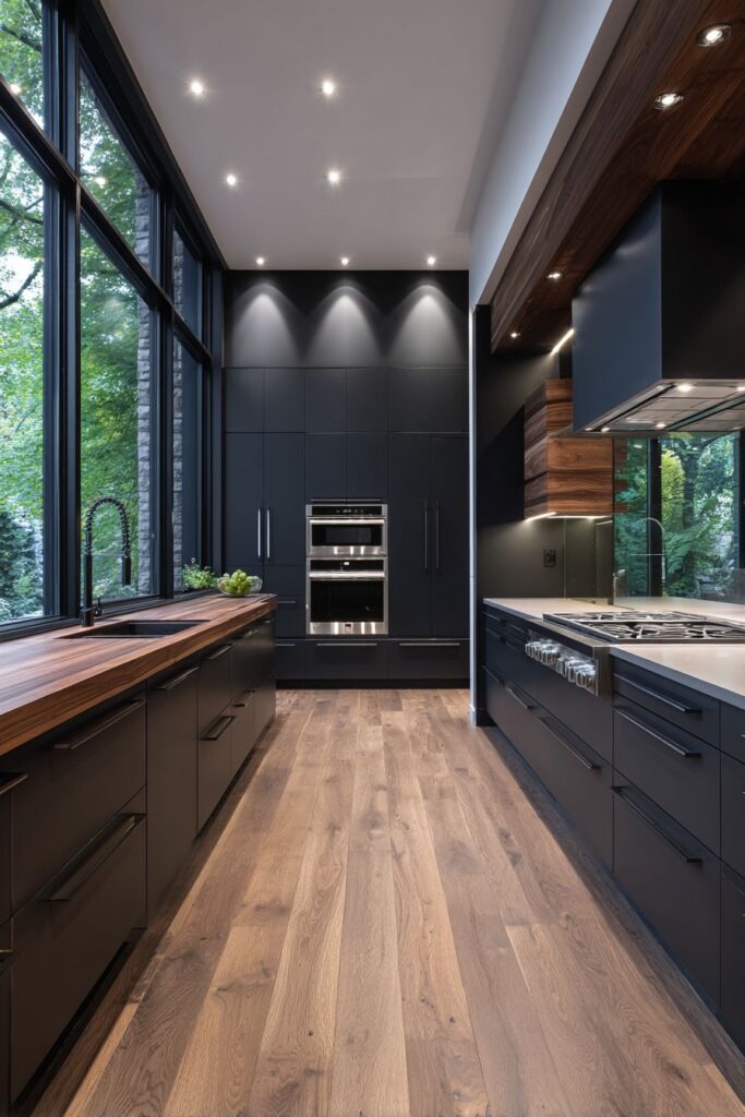 Modern Black and Wood Kitchen with Sleek Matte Finishes