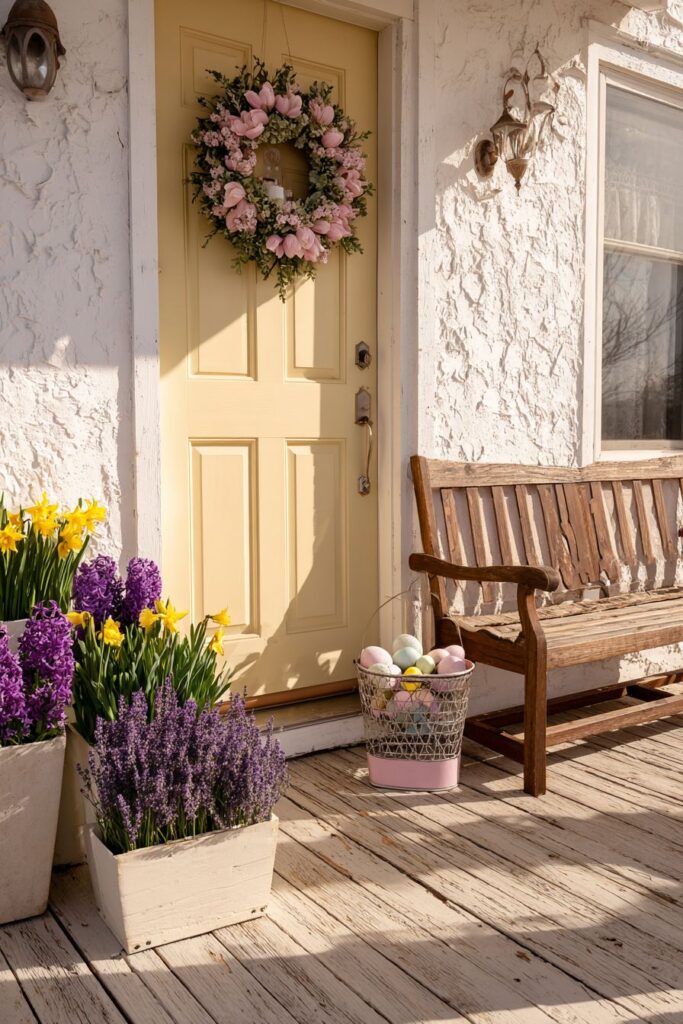 Pastel Yellow Door with Spring Tulip Wreath Welcome
