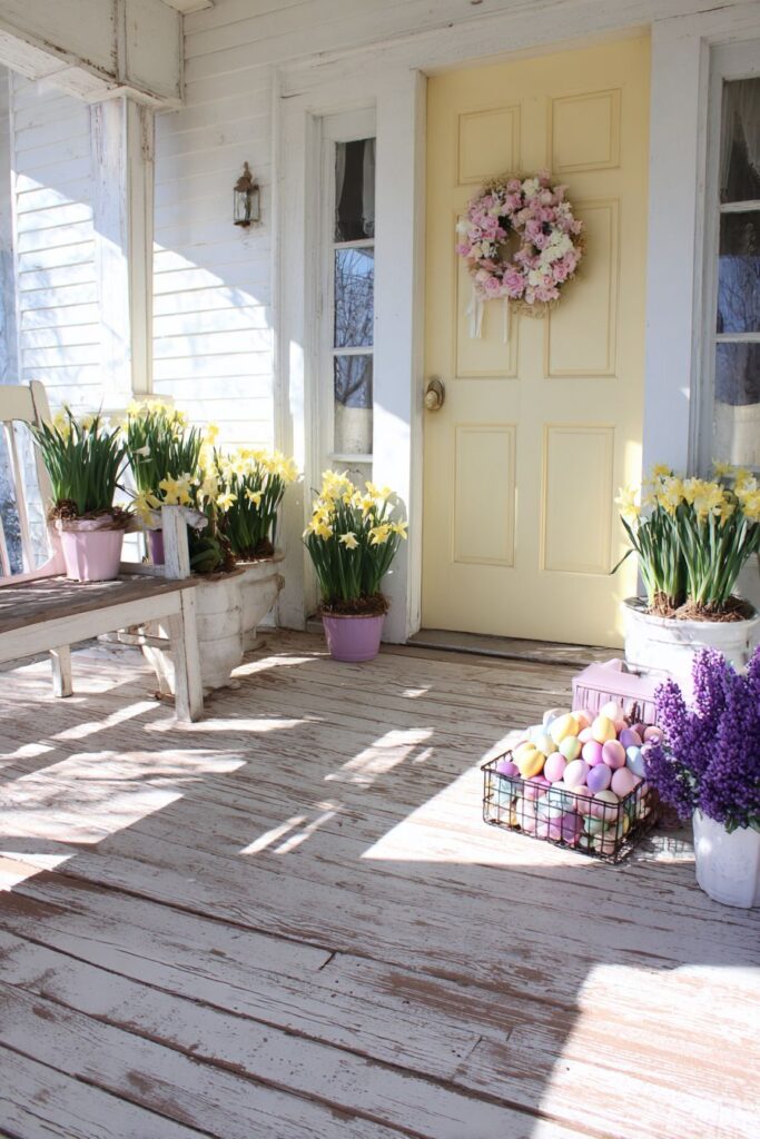 Pastel Yellow Door with Spring Tulip Wreath Welcome