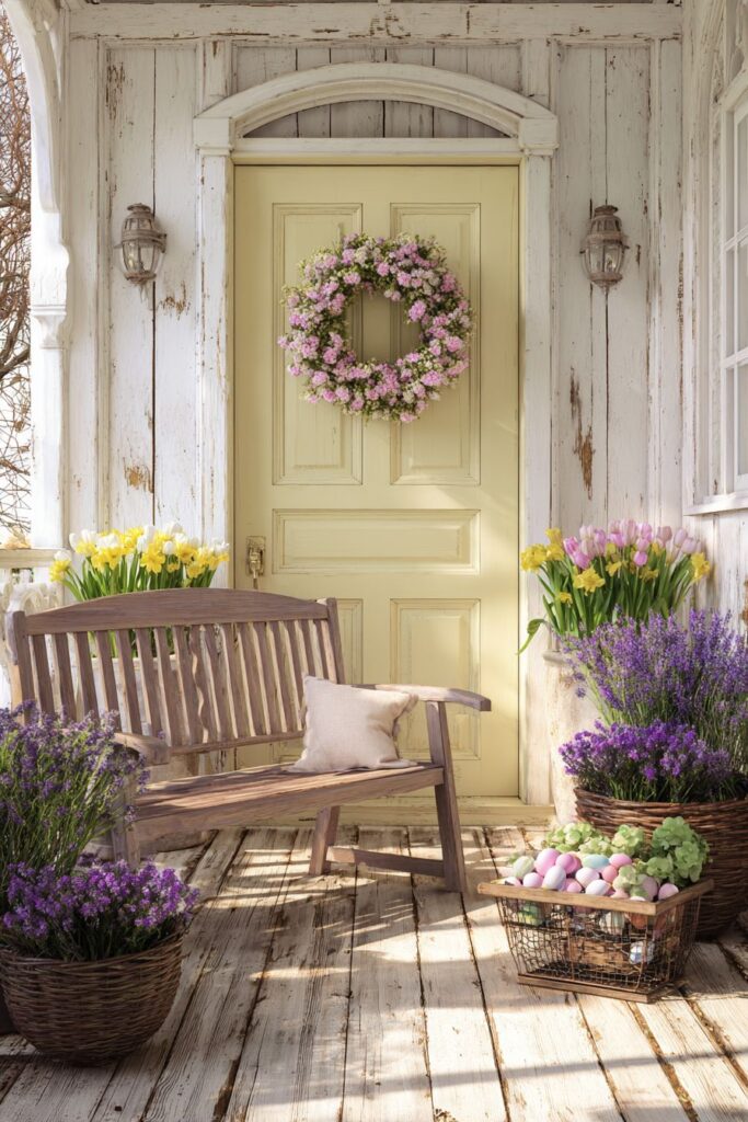 Pastel Yellow Door with Spring Tulip Wreath Welcome