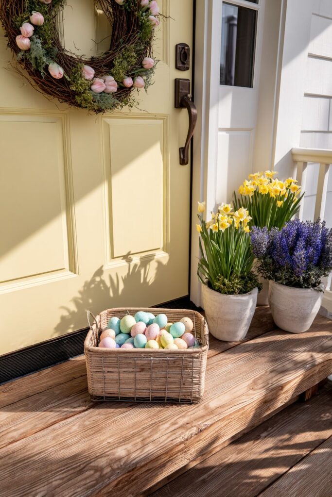 Pastel Yellow Door with Spring Tulip Wreath Welcome