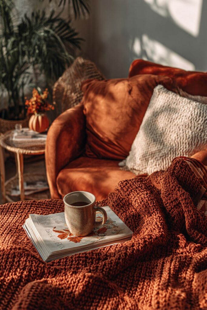 Cozy Reading Nook with Rust-Colored Velvet Comfort