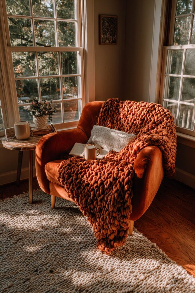 Cozy Reading Nook with Rust-Colored Velvet Comfort