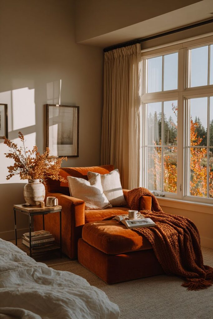 Cozy Reading Nook with Rust-Colored Velvet Comfort
