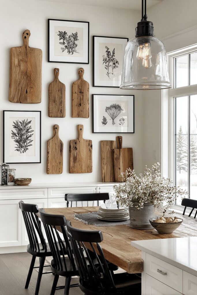 Farmhouse Gallery Wall with Herb Prints and Cutting Boards