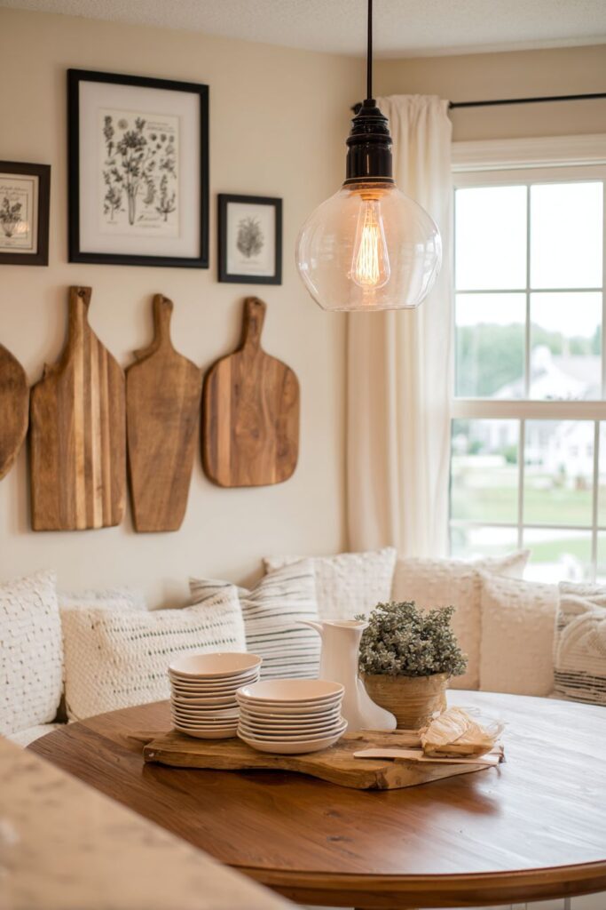 Farmhouse Gallery Wall with Herb Prints and Cutting Boards