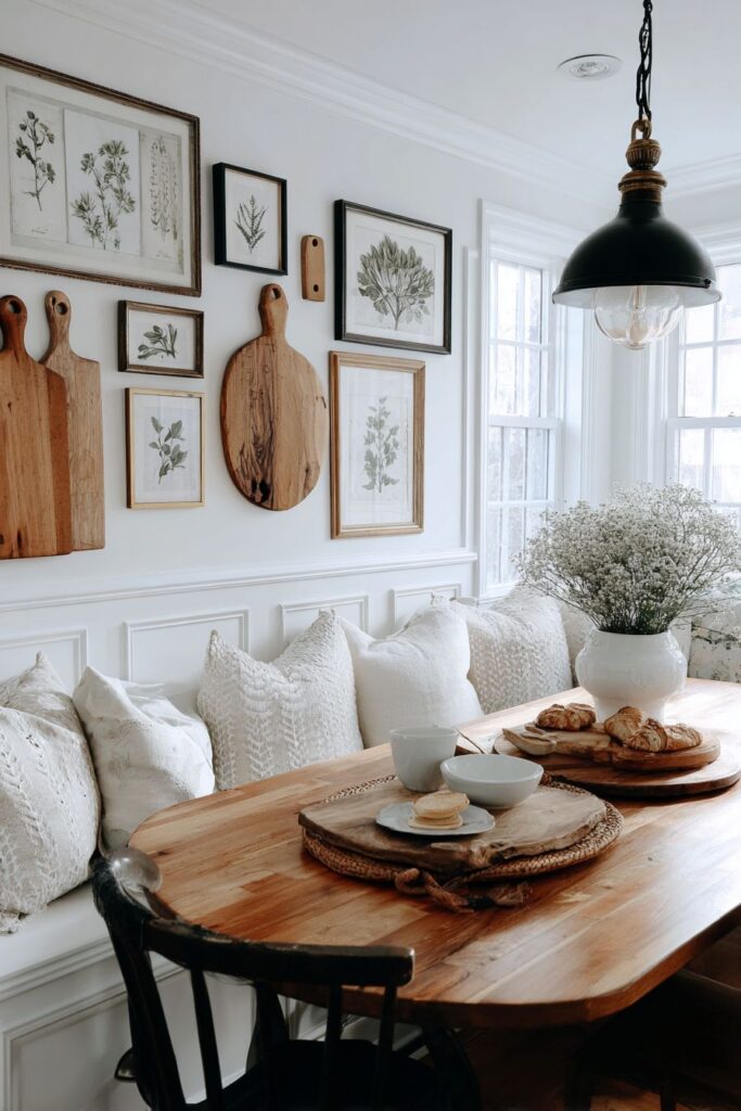 Farmhouse Gallery Wall with Herb Prints and Cutting Boards