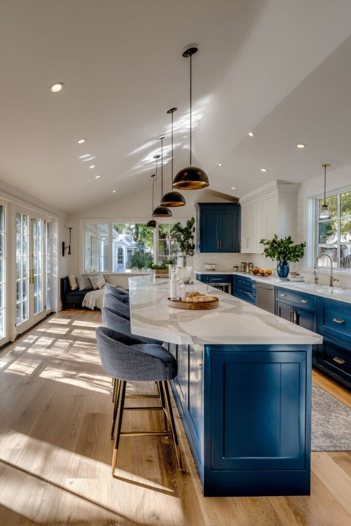 Spacious Modern Kitchen with Waterfall Quartz Island