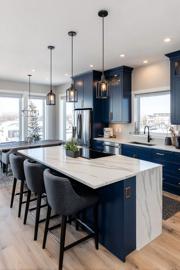 Spacious Modern Kitchen with Waterfall Quartz Island
