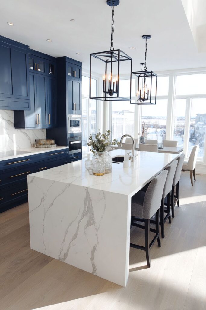 Spacious Modern Kitchen with Waterfall Quartz Island