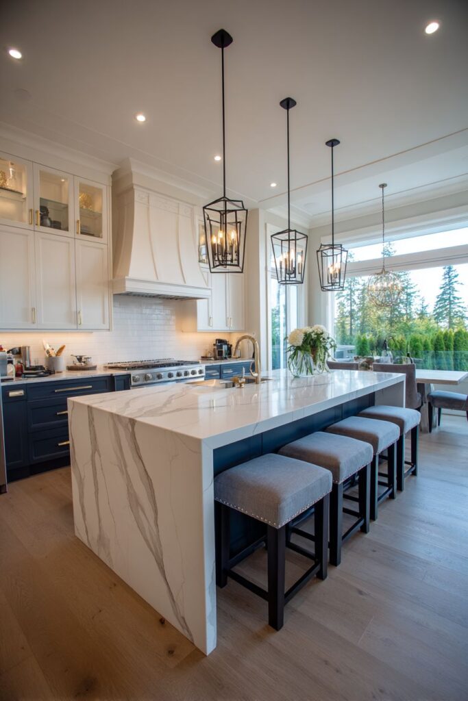 Spacious Modern Kitchen with Waterfall Quartz Island