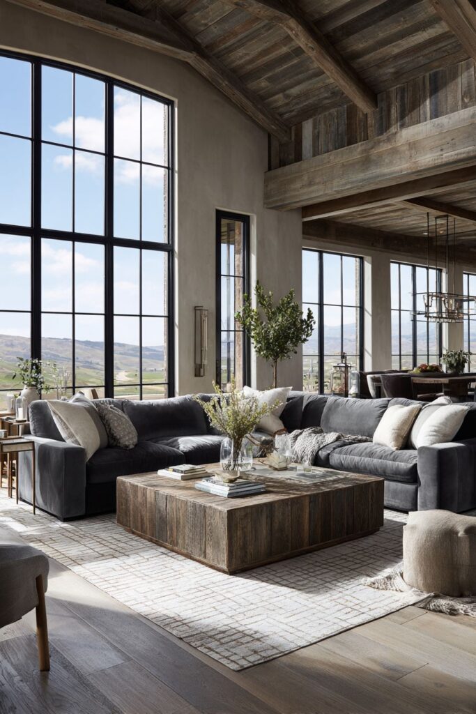 Sophisticated Sectional Sanctuary with Exposed Beam Drama
