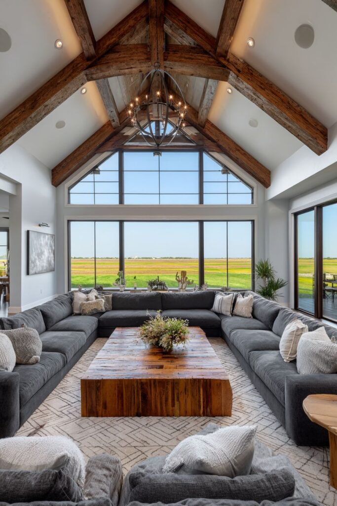 Sophisticated Sectional Sanctuary with Exposed Beam Drama