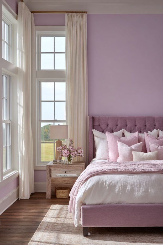 Serene Master Bedroom with Soft Lilac Walls