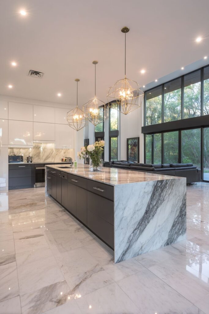 Waterfall Edge Quartz Island with Seamless Integration