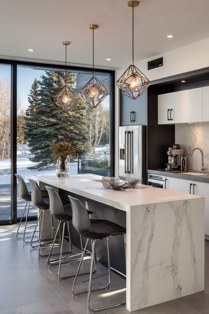 Waterfall Edge Quartz Island with Seamless Integration