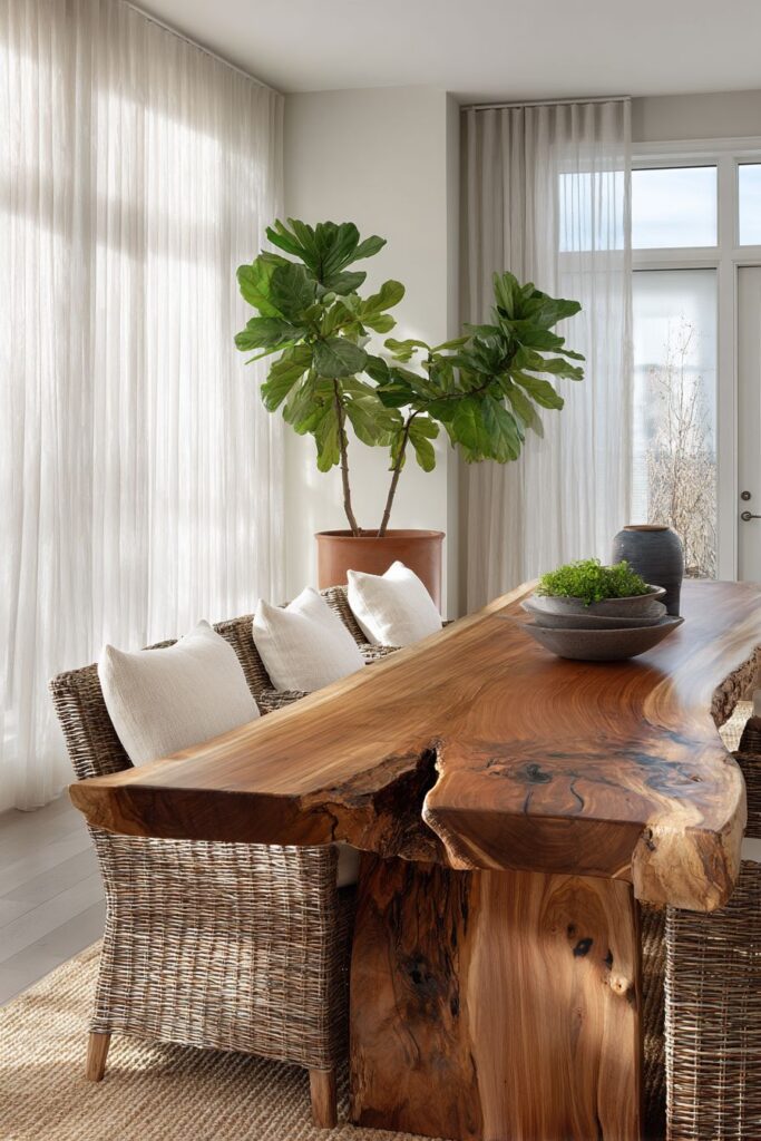 Live-Edge Walnut Centerpiece with Rattan Accents