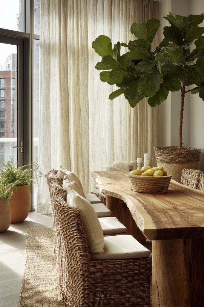 Live-Edge Walnut Centerpiece with Rattan Accents