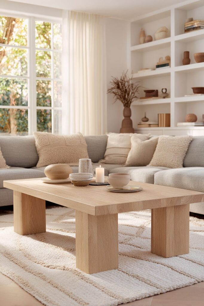 Light Oak Coffee Table Centerpiece with Geometric Wool Rugs