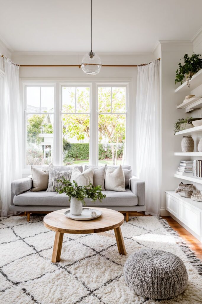 Light Oak Coffee Table Centerpiece with Geometric Wool Rugs