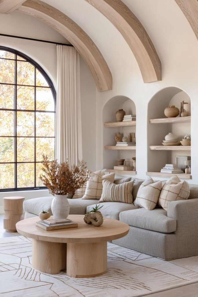 Light Oak Coffee Table Centerpiece with Geometric Wool Rugs